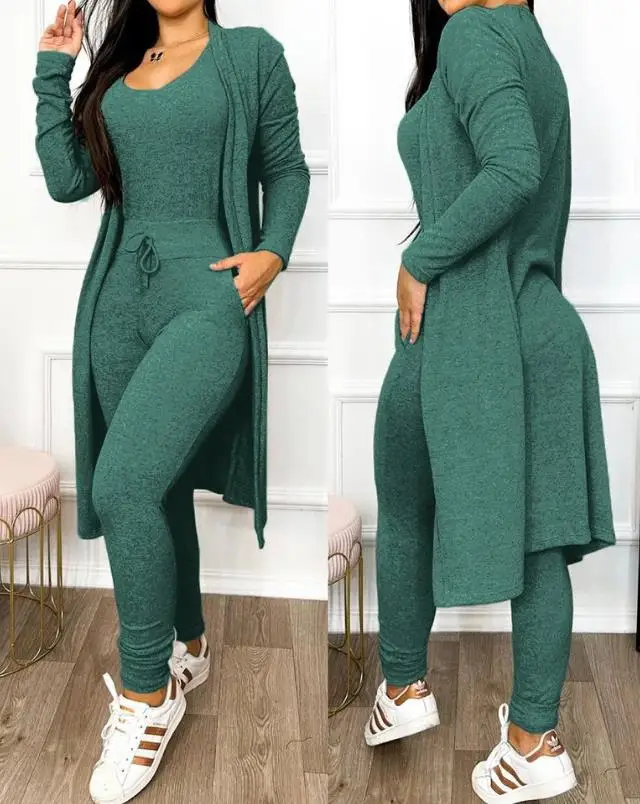 green Two Piece Set Women Outfit 2024 Spring Fashion Drawstring