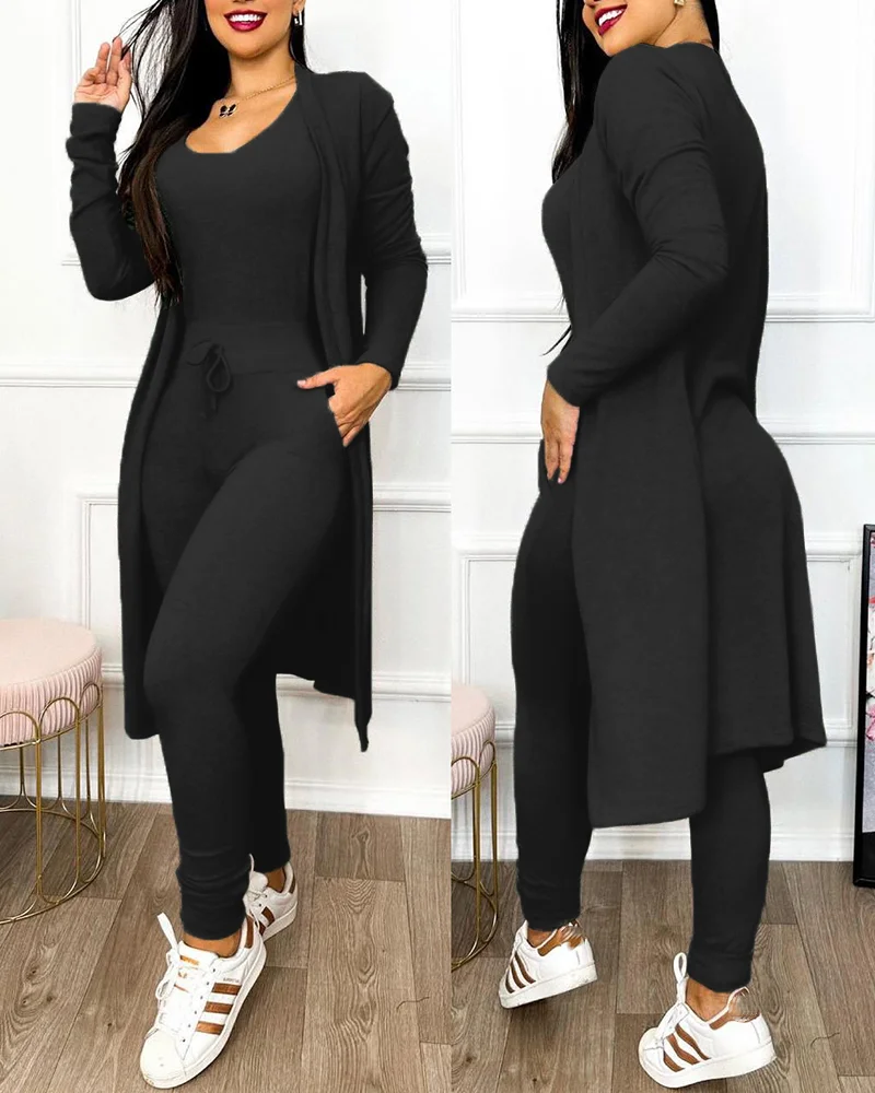 black Two Piece Set Women Outfit 2024 Spring Fashion Drawstring