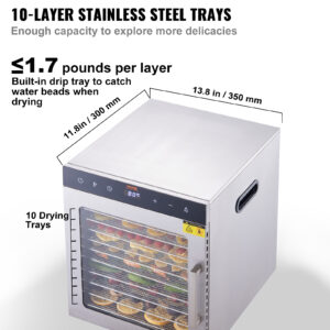 VEVOR 10 Trays Food Dehydrator Stainless Steel Machine Looking to keep the bounty of your garden, create scrumptious homemade snacks, or discover the world of jerky? The VEVOR Food Dehydrator may be your best kitchen companion. This versatile equipment allows