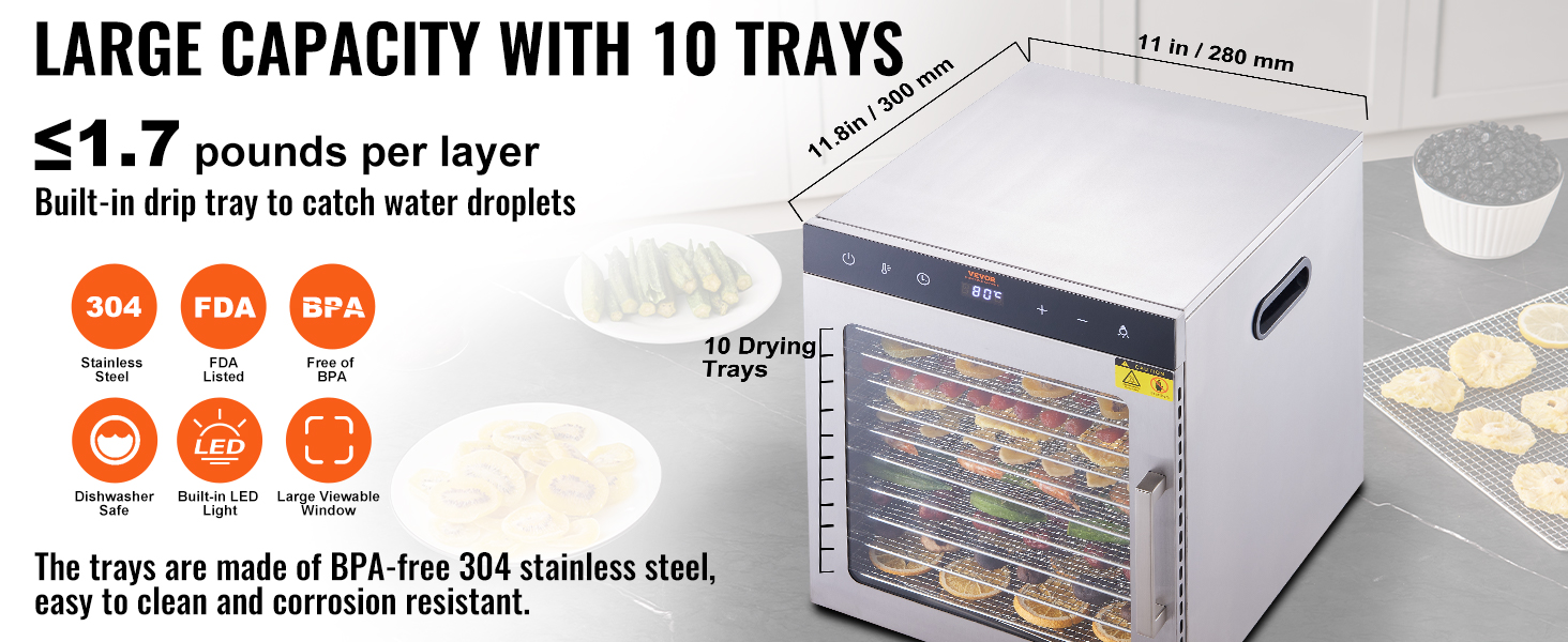 VEVOR 10 Trays Food Dehydrator Stainless Steel Machine top